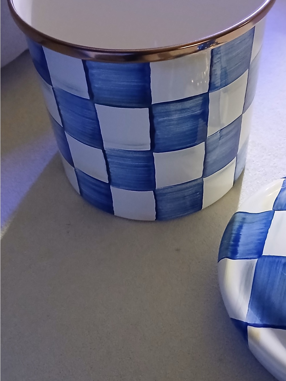 MacKenzie-Childs Blue and White Checked Ceramic with Brass Plaque - Picture 5 of 8